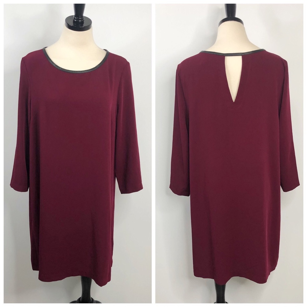 SOLD ECI Burgundy Faux Leather Trim Back Cutout Shift Dress - Picture 1 of 8